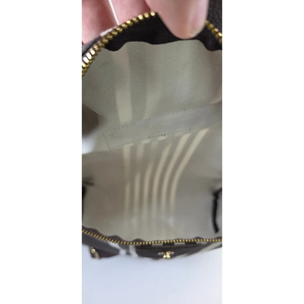 Henri Bendel Brown White‎ Striped Canvas Backpack Gold Hardware Logo Flap Bag